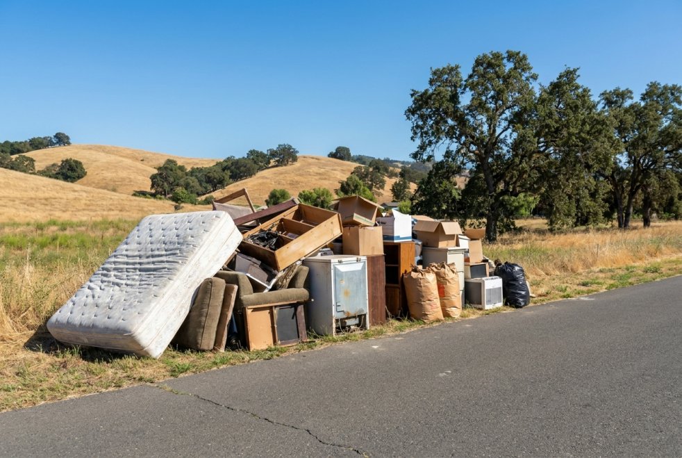 Roadside pile of junk and furniture for pickup beside a rural road and grassy hills