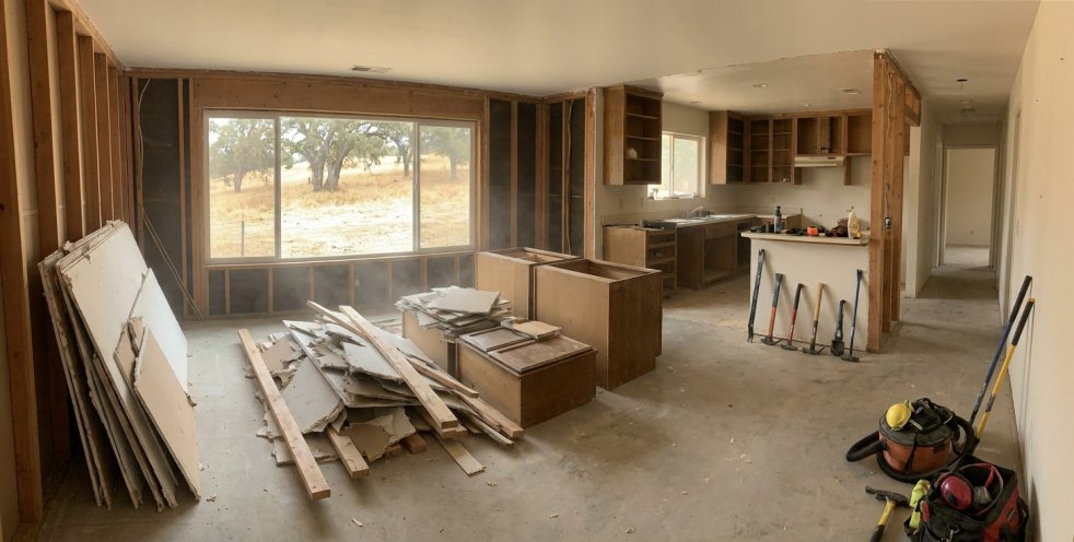Interior home demolition with torn-out walls, cabinets, and debris in a California house renovation
