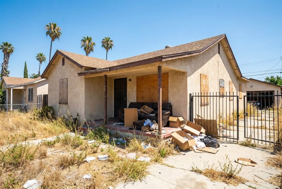 Abandoned California home with boarded windows, trash, and furniture left on the porch